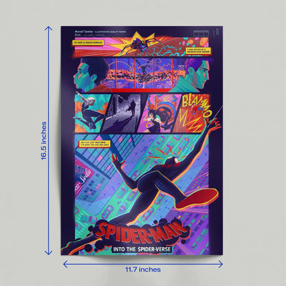A person holding a Spider-Man Into the Spider-Verse action poster featuring a comic book panel design and diverse Spider-People.