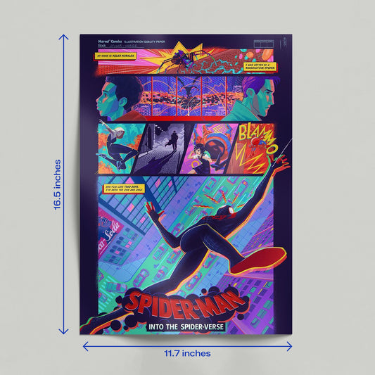 A person holding a Spider-Man Into the Spider-Verse action poster featuring a comic book panel design and diverse Spider-People.