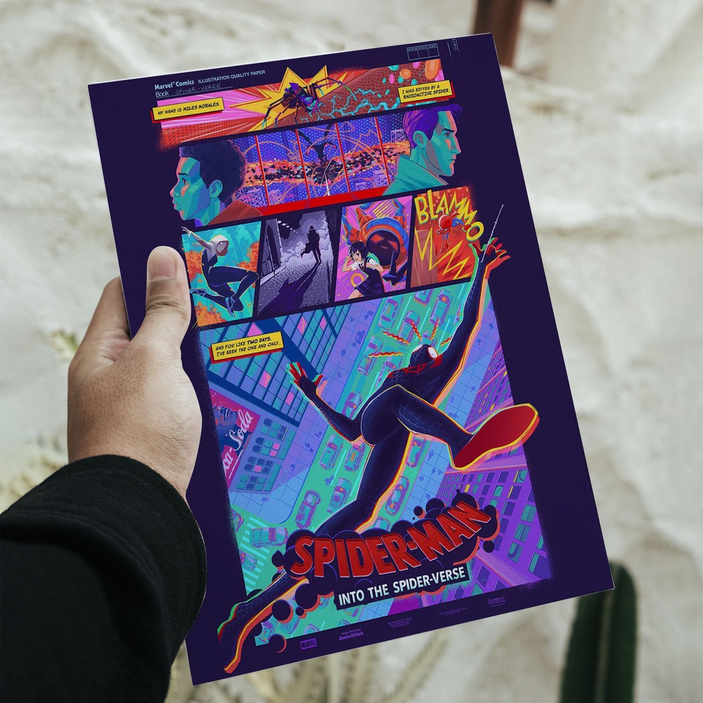 Spider-Man Into the Spider-Verse comic art poster in 11.7 by 16.5 inch dimensions featuring Miles Morales and multi-panel storytelling.