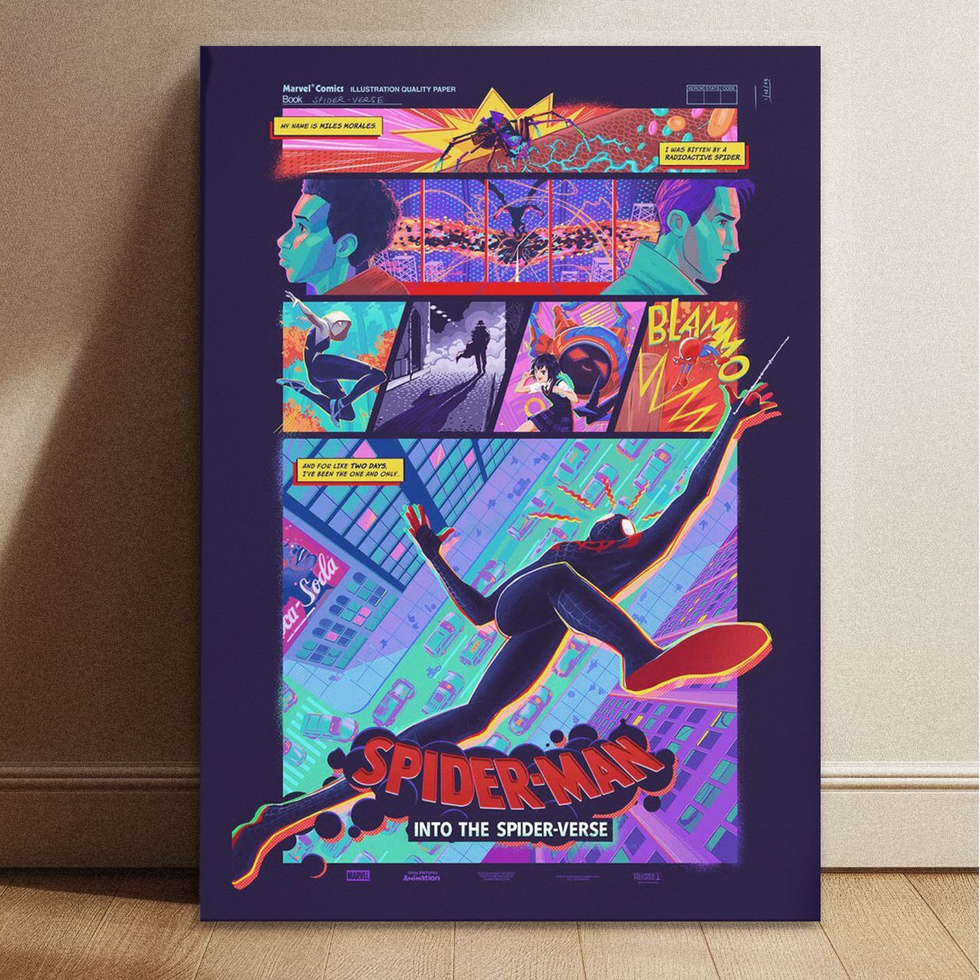 Spider-Man Into the Spider-Verse stylized movie poster in 8.3 by 11.7 inch dimensions with vibrant purple and neon green colors.