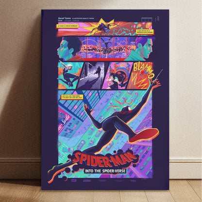 Spider-Man Into the Spider-Verse stylized movie poster in 8.3 by 11.7 inch dimensions with vibrant purple and neon green colors.