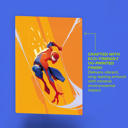Spider-Man Marvel Art Metal Poster featuring a close-up of the eco-friendly UV-printed finish and vibrant orange tones