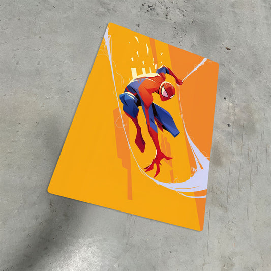 Spider-Man Marvel Art Metal Poster showcased at a dynamic angle on a concrete surface highlighting its durable matte finish