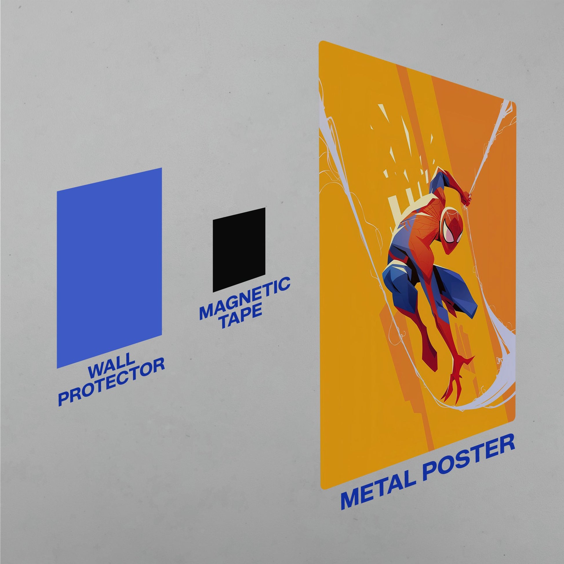 Spider-Man Marvel Art Metal Poster installation kit including damage-free wall protector and magnetic mounting tape
