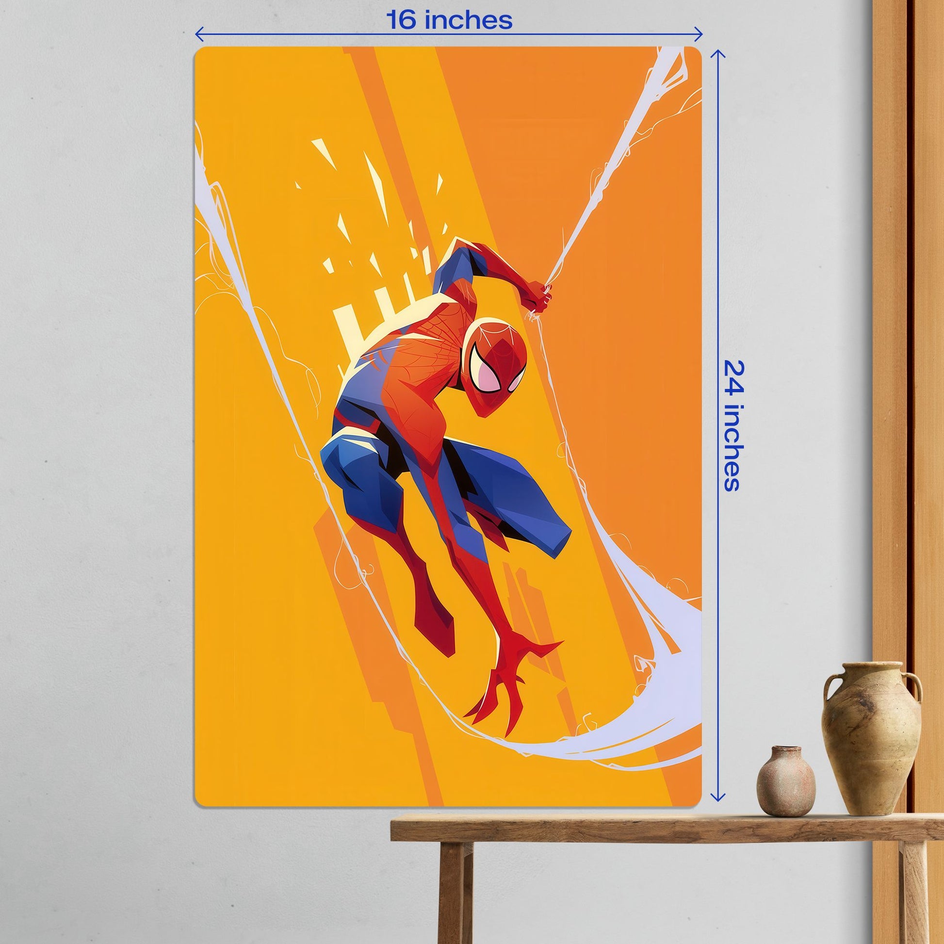 Spider-Man Marvel Art Metal Poster large 16x24 inch size displayed as a bold centerpiece in a minimalist room