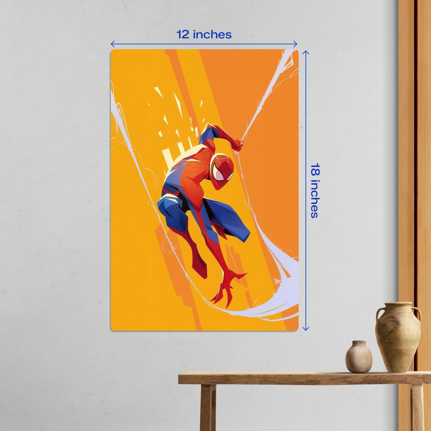 Spider-Man Marvel Art Metal Poster medium 12x18 inch scale shown in a contemporary home interior for ideal wall coverage