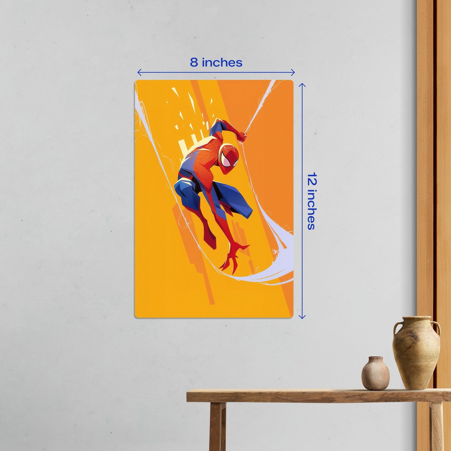 Spider-Man Marvel Art Metal Poster small 8x12 inch version styled above a rustic wooden table for compact decor