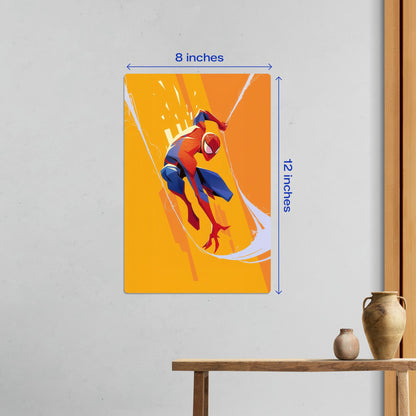 Spider-Man Marvel Art Metal Poster small 8x12 inch version styled above a rustic wooden table for compact decor