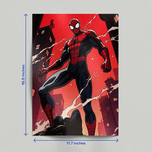 A hand holding a vibrant red Spider-Man comic art poster featuring a detailed illustration of the superhero in a classic city setting.