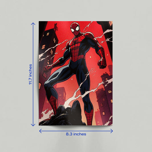 A large vertical Spider-Man wall art poster with a bold red color palette leaning against a wall in a contemporary room.