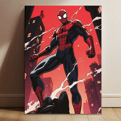 A vintage Marvel Spider-Man art poster in 8.3 by 11.7 inch dimensions showing the web-slinger in a dynamic pose against a gritty red background.