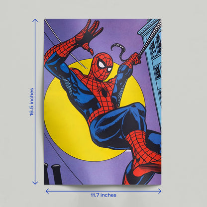 Spiderman Classic Comic Swing Poster size guide showing 16.5 by 11.7 inches dimensions. Retro superhero wall art featuring Spider-Man swinging against a purple sky and yellow moon.