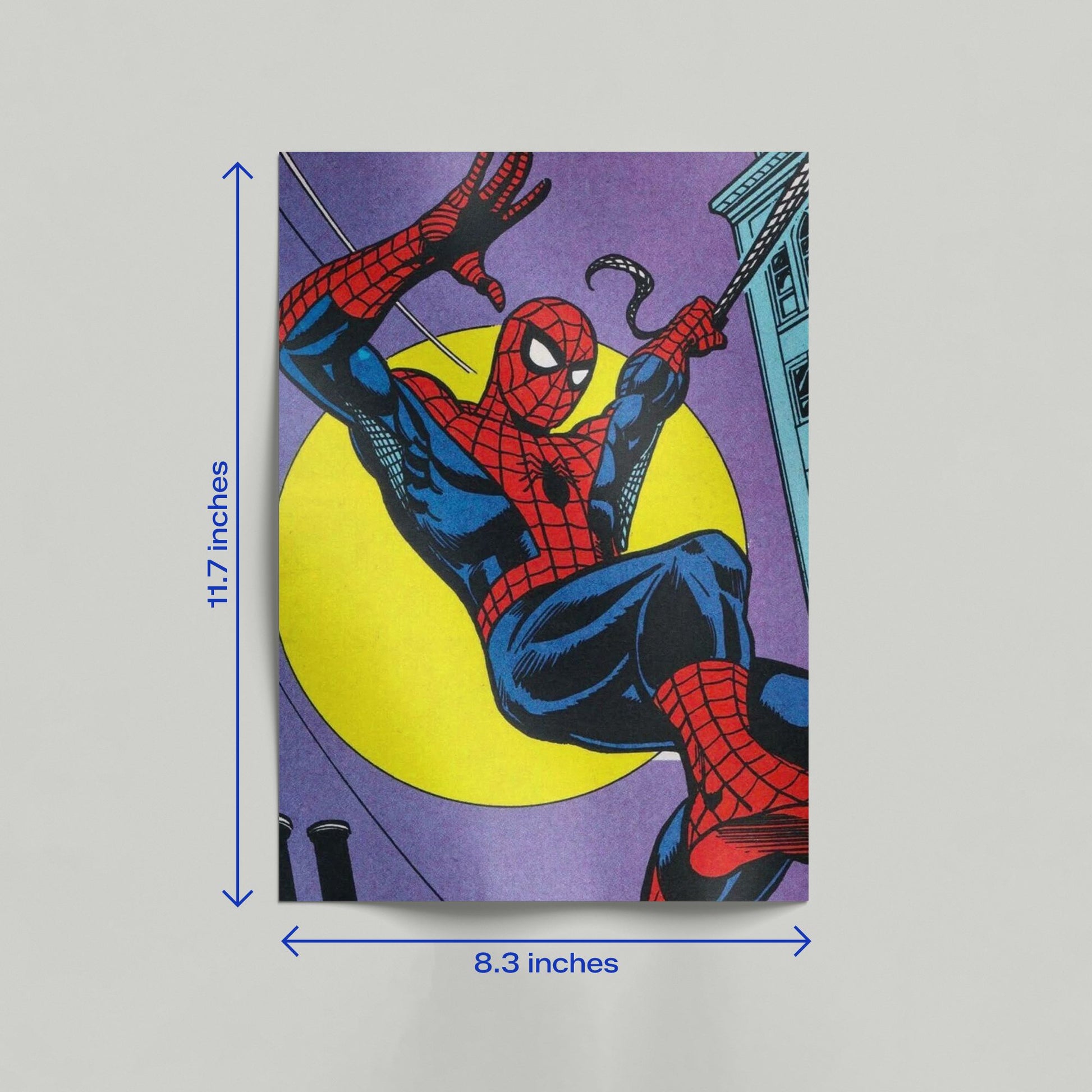 Spiderman Classic Comic Swing Poster size guide showing 11.7 by 8.3 inches dimensions. Classic comic book style wall art print.