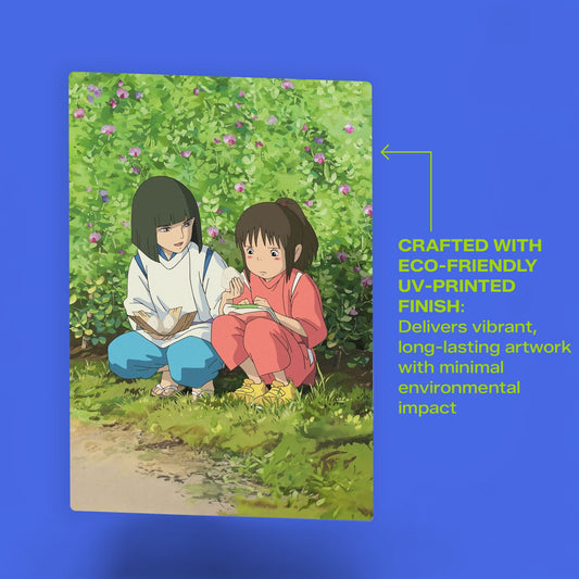 Chihiro and Haku Spirited Away metal poster wall art featuring an eco-friendly UV-printed finish.