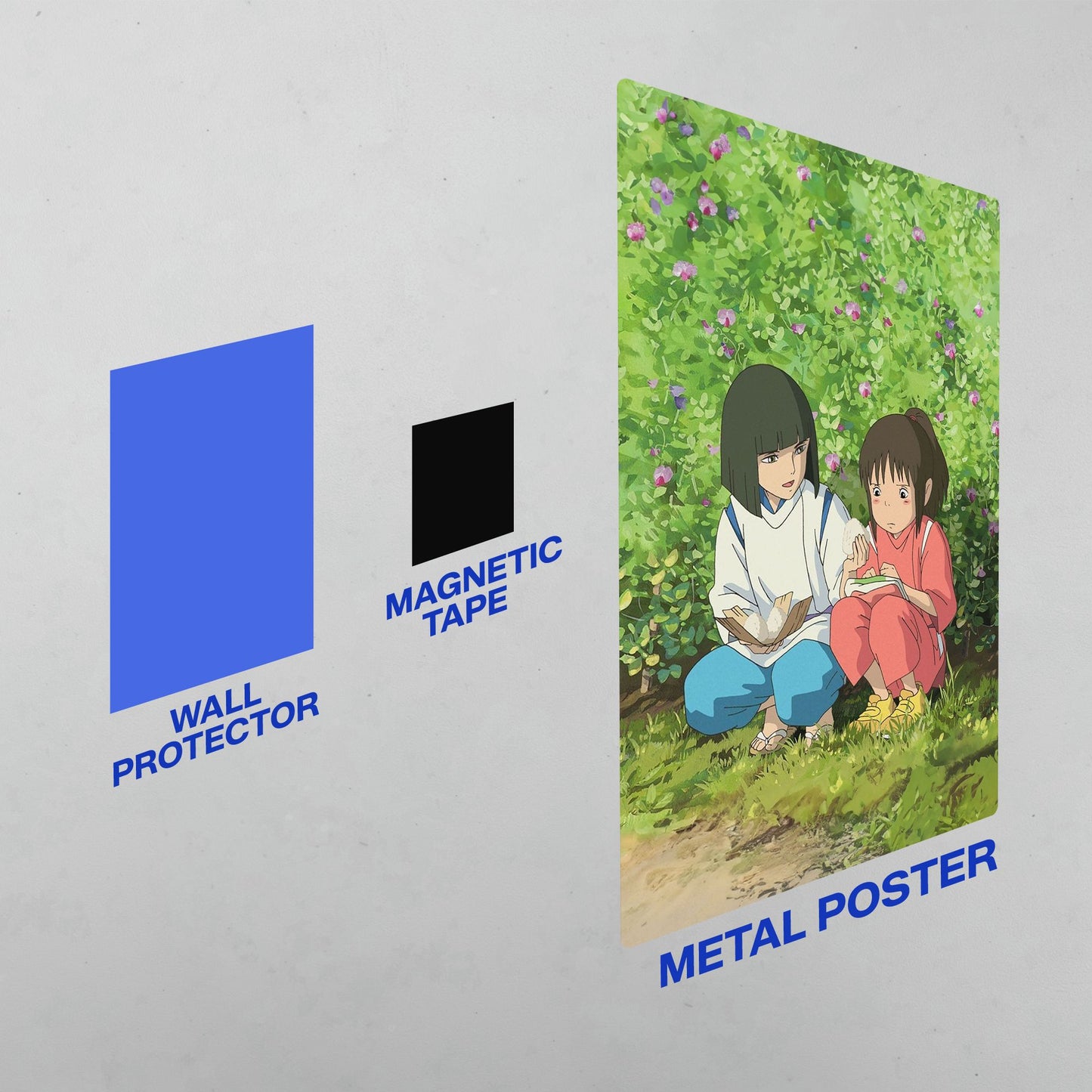 Studio Ghibli Spirited Away metal poster set including a blue wall protector and black magnetic tape.