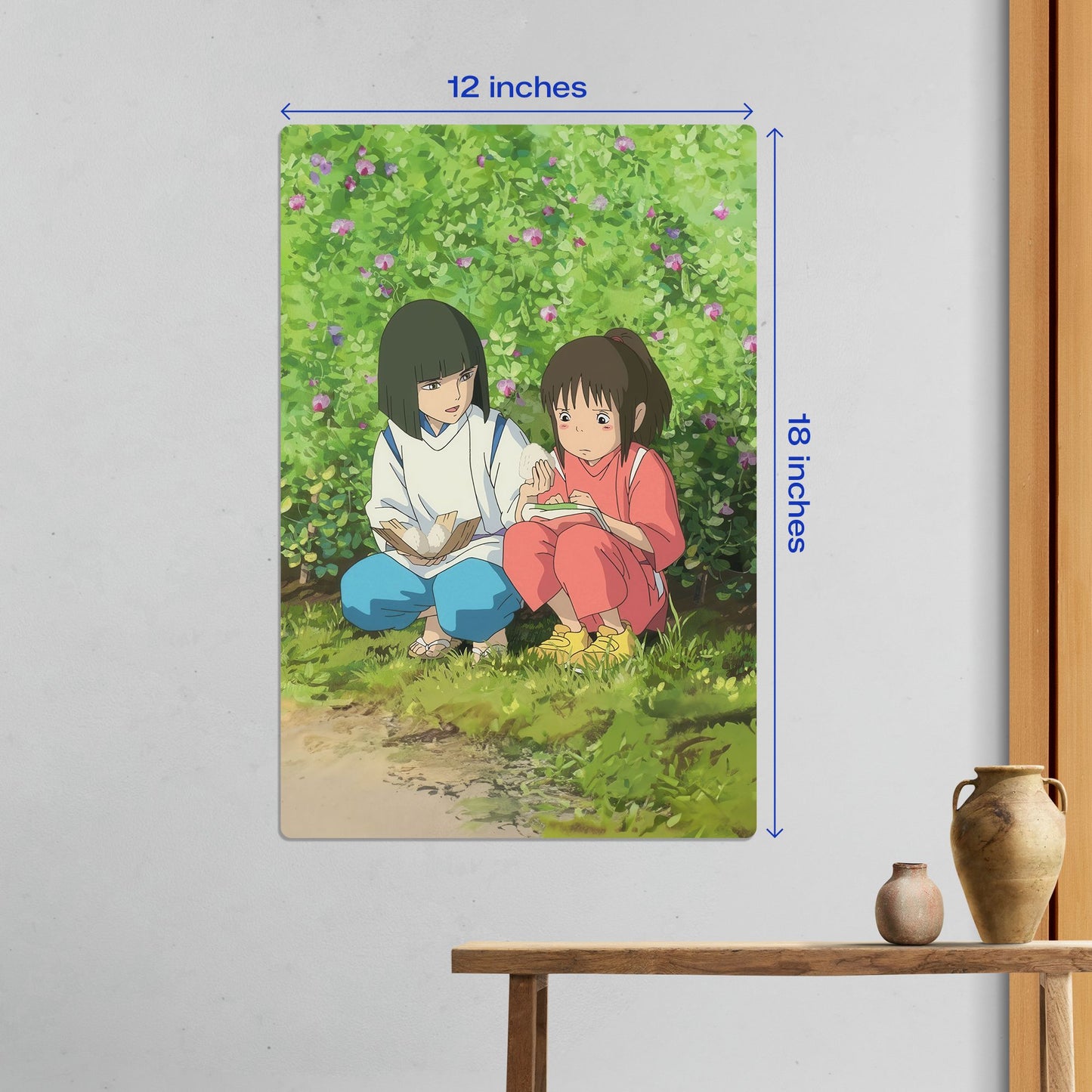 Medium 12x18 inch Spirited Away Chihiro and Haku metal poster wall decor showing anime character artwork.
