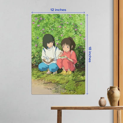 Medium 12x18 inch Spirited Away Chihiro and Haku metal poster wall decor showing anime character artwork.