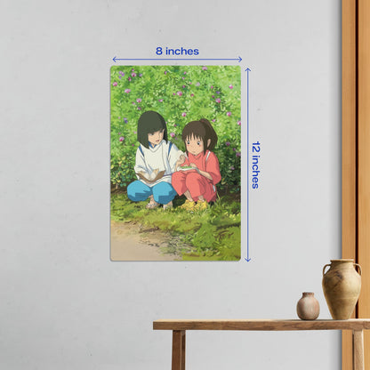 Small 8x12 inch Spirited Away Chihiro and Haku anime metal wall art poster in a home interior setting.