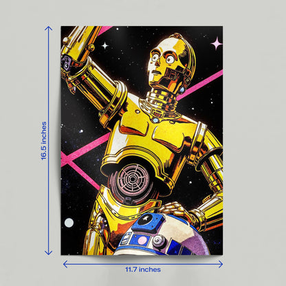 A hand holding a retro Star Wars C-3PO comic art poster featuring vibrant gold and pink cosmic design elements.