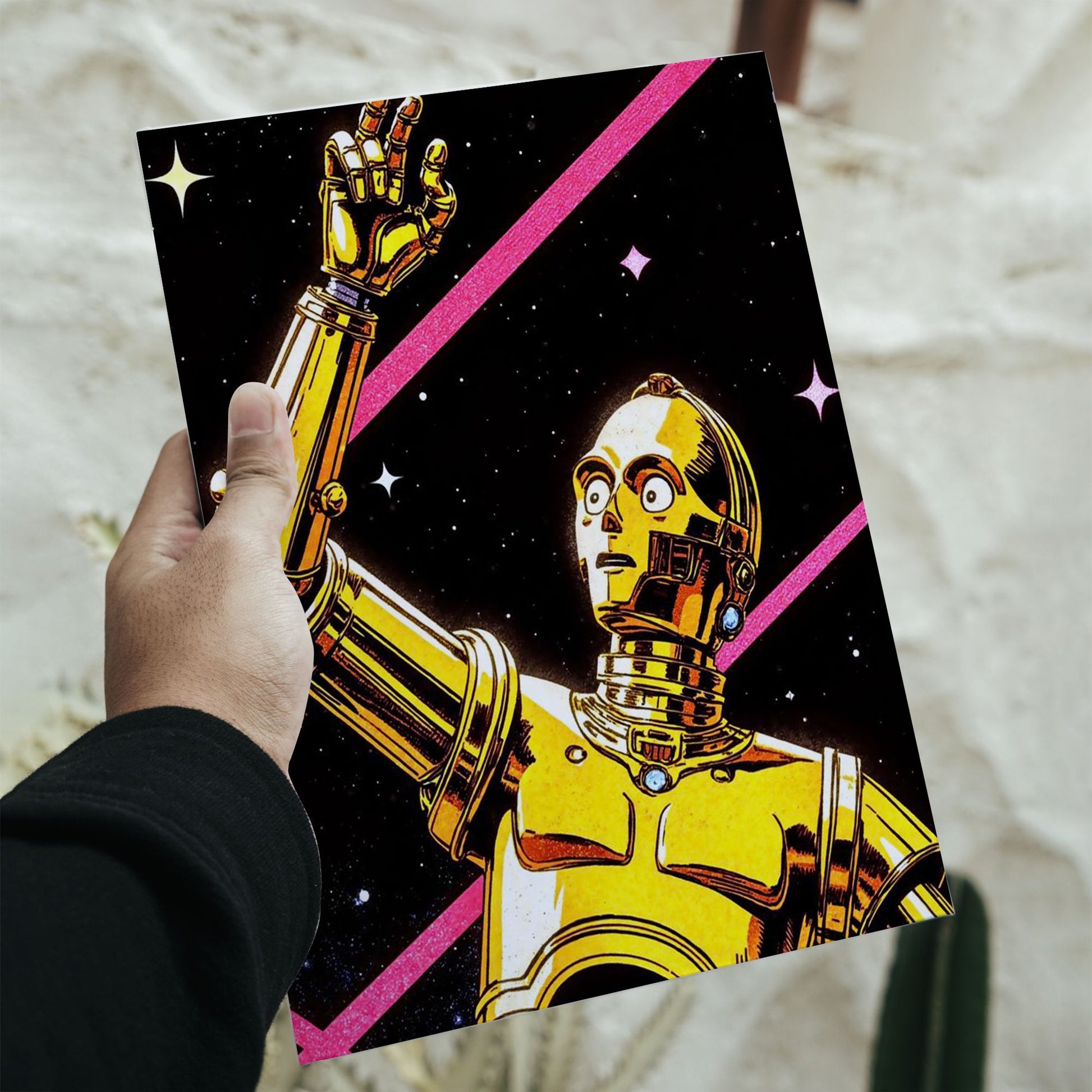 A retro cosmic Star Wars poster of C-3PO and R2-D2 in a vintage comic art style with 11.7 by 16.5 inch dimensions.