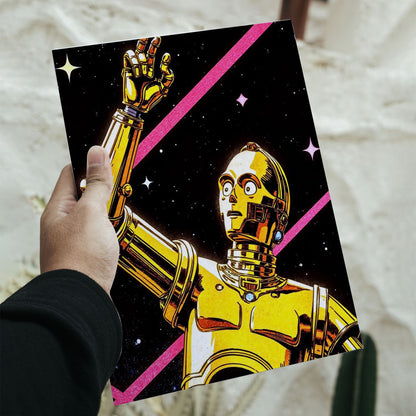 A retro cosmic Star Wars poster of C-3PO and R2-D2 in a vintage comic art style with 11.7 by 16.5 inch dimensions.