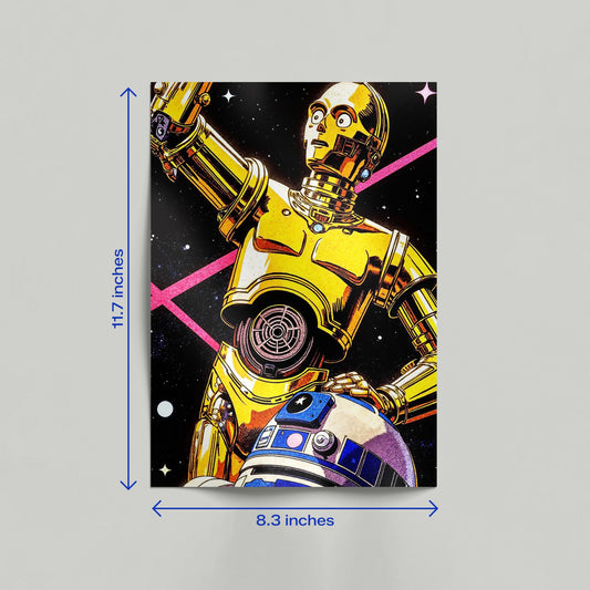 A vertical Star Wars C-3PO retro cosmic art poster leaning against a wall in a modern home interior setting.