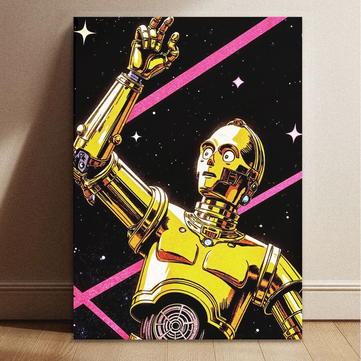 A vintage sci-fi poster featuring C-3PO and R2-D2 against a starry space background with 8.3 by 11.7 inch dimensions.