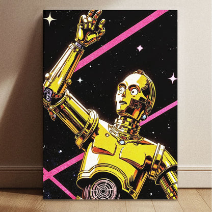 A vintage sci-fi poster featuring C-3PO and R2-D2 against a starry space background with 8.3 by 11.7 inch dimensions.