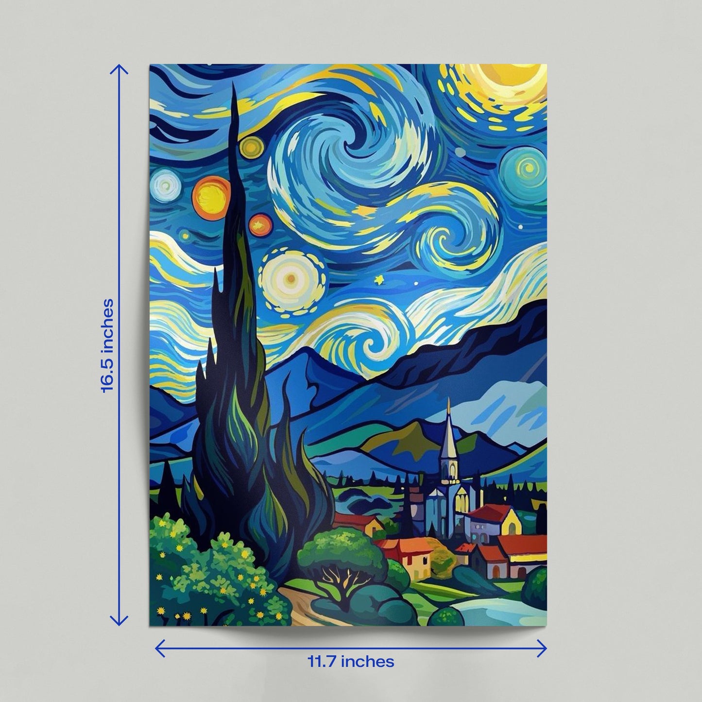 Hand holding a physical high-quality print of a modern Starry Night art style illustration with bold blue and yellow tones.