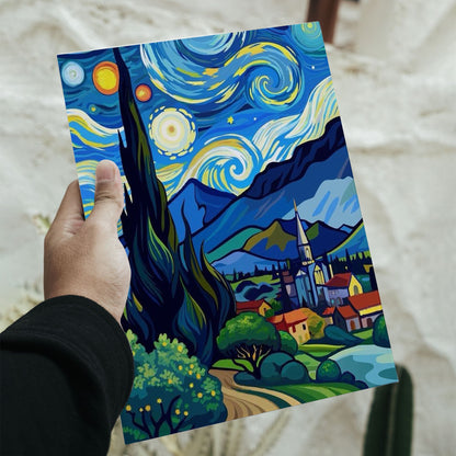Modern digital art repaint of Van Gogh's Starry Night on a large 16.5 by 11.7 inch vertical poster.