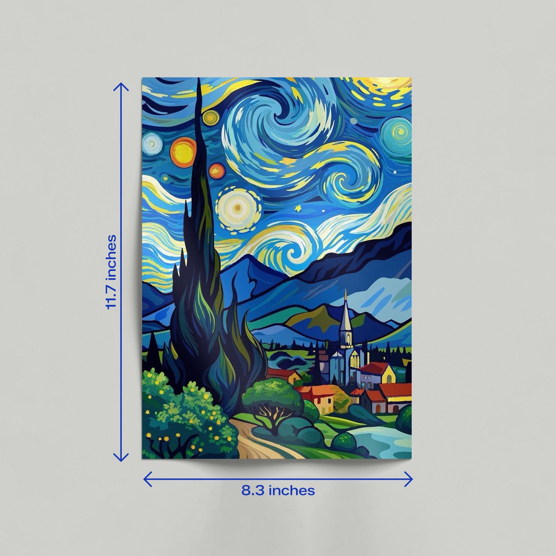 A vibrant modern art version of Van Gogh's Starry Night poster leaning against a neutral-colored wall in a room.