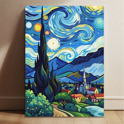 Van Gogh's Starry Night modern art style illustration on a vertical 11.7 by 8.3 inch wall poster.