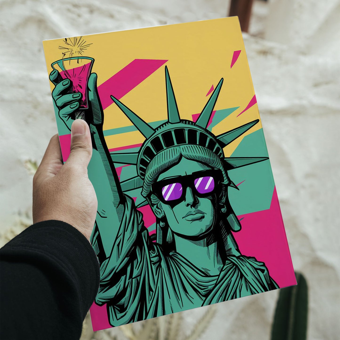 Statue of Liberty pop art poster in 11.7 by 16.5 inch dimensions featuring neon sunglasses and a pink drink.