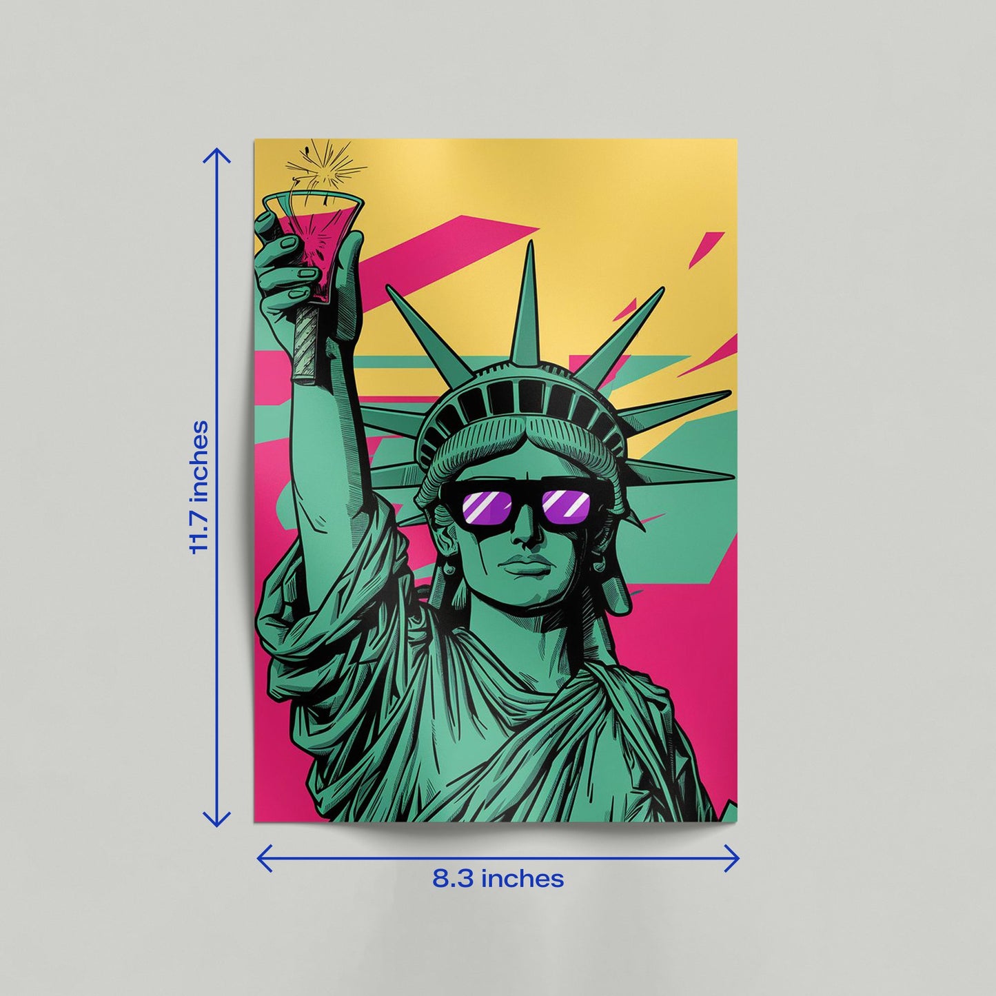 Statue of Liberty pop art canvas print displayed on a wall featuring a neon color palette and retro aesthetic.