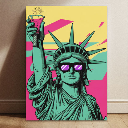 Statue of Liberty modern graphic poster in 8.3 by 11.7 inch dimensions with a vibrant yellow and pink background.