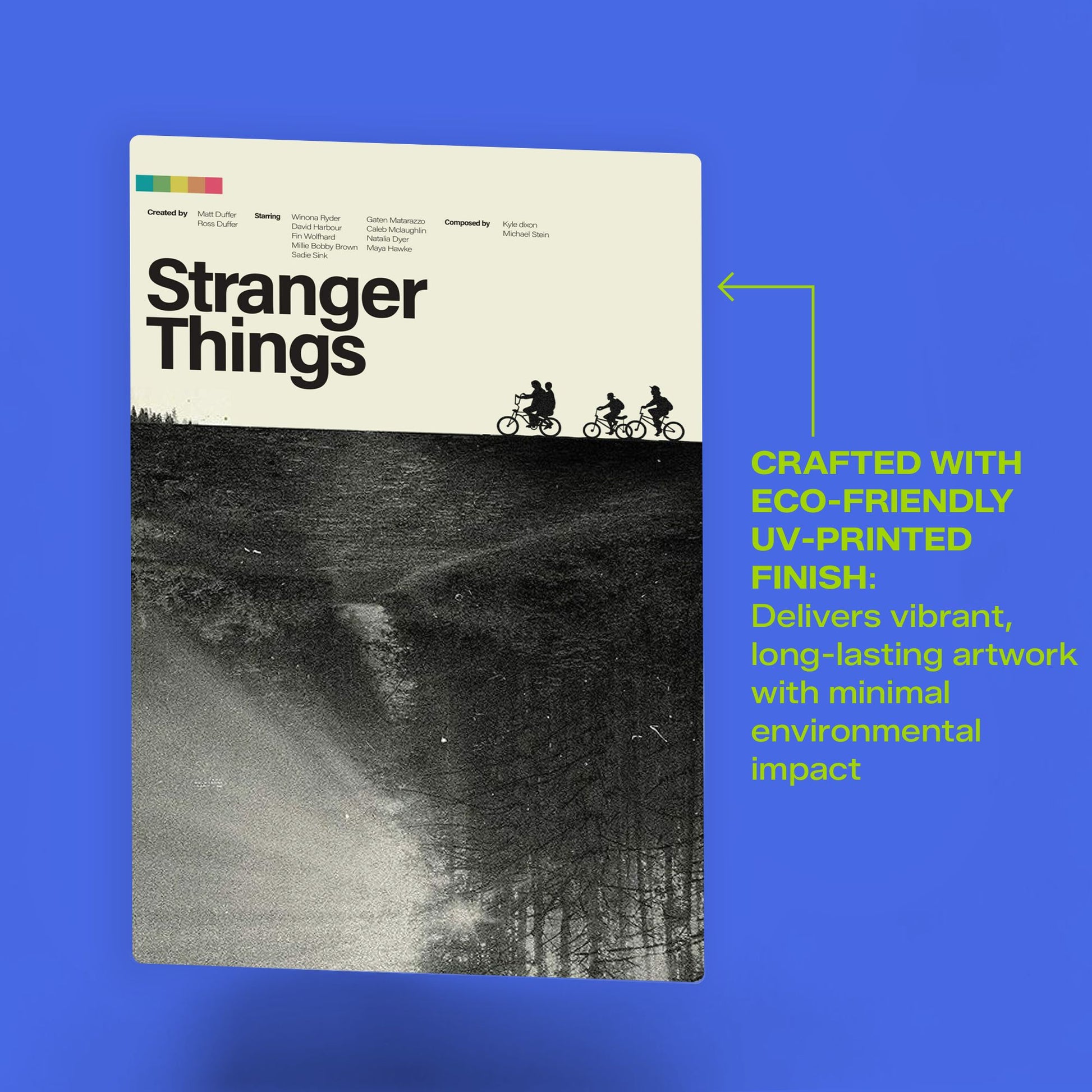 Eco-friendly UV-printed Stranger Things metal wall art featuring a minimalist black and white design on a vibrant blue background.