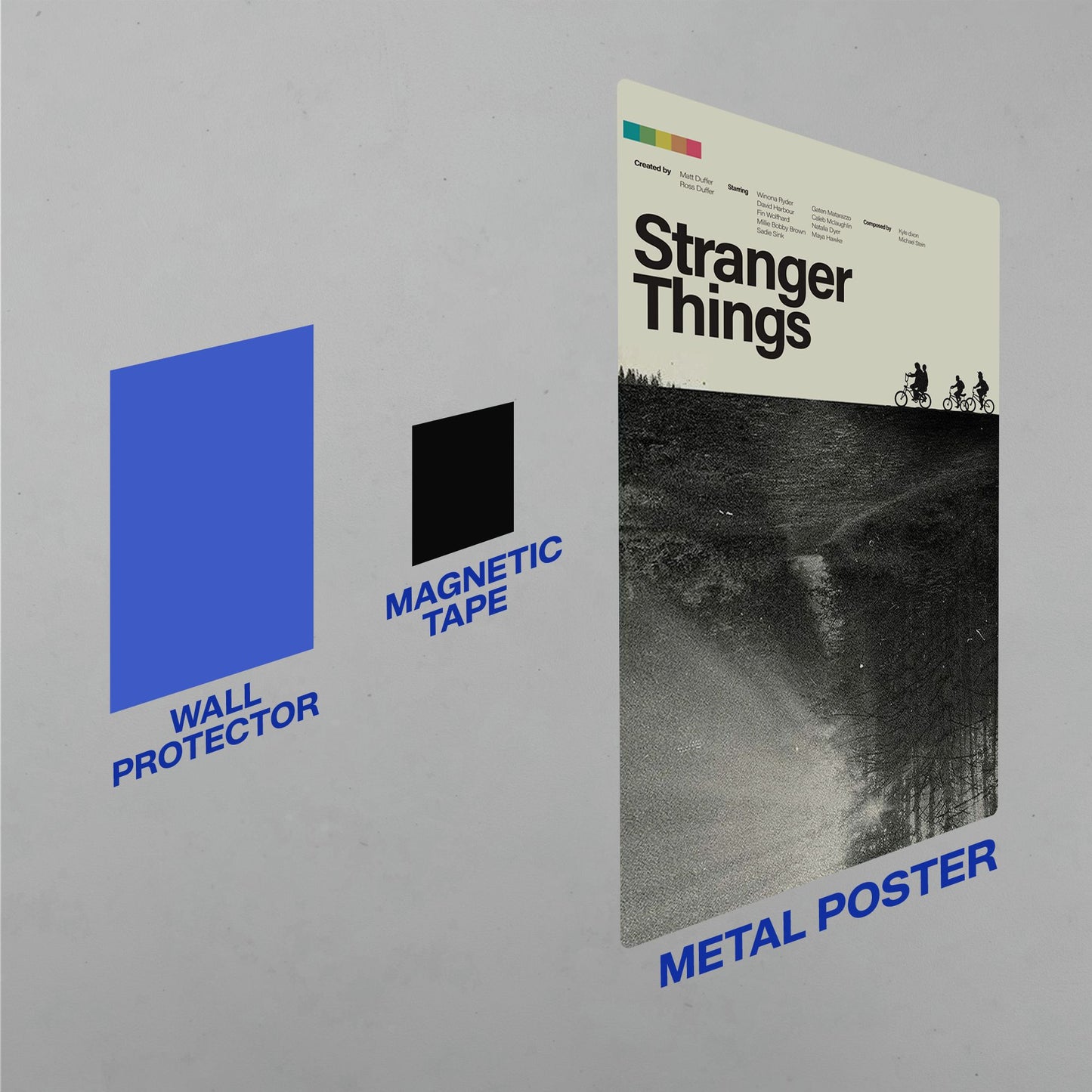 Stranger Things metal poster installation kit including a blue wall protector and black magnetic tape for easy mounting.