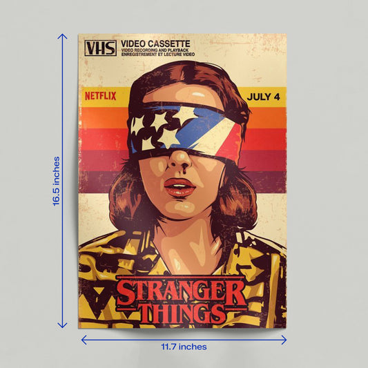 Vintage Stranger Things Eleven poster with a retro VHS cover design leaning against a beige wall on a wooden floor.