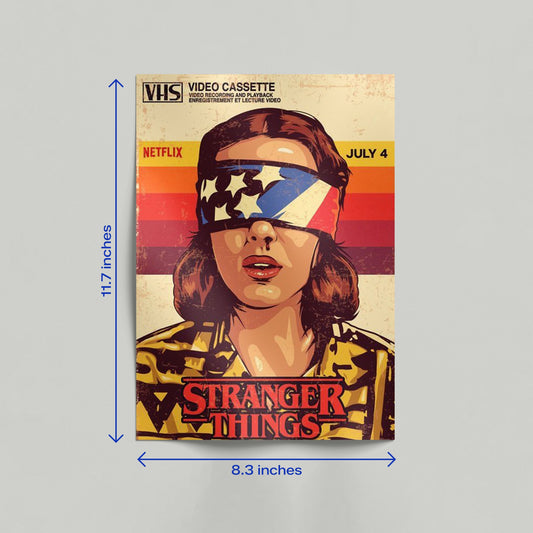 Large vintage VHS style Stranger Things poster featuring Eleven wearing an American flag blindfold with dimensions 16.5 inches height by 11.7 inches width.