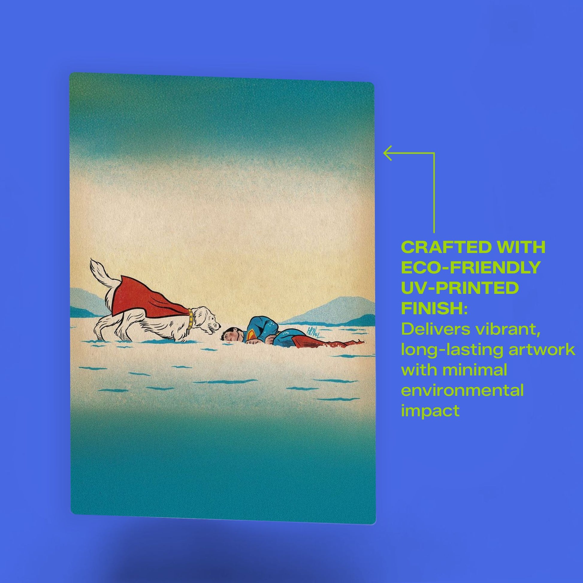 Vintage-style comic art metal poster of Superman and Krypto the Superdog resting in a snowy landscape under a teal sky.