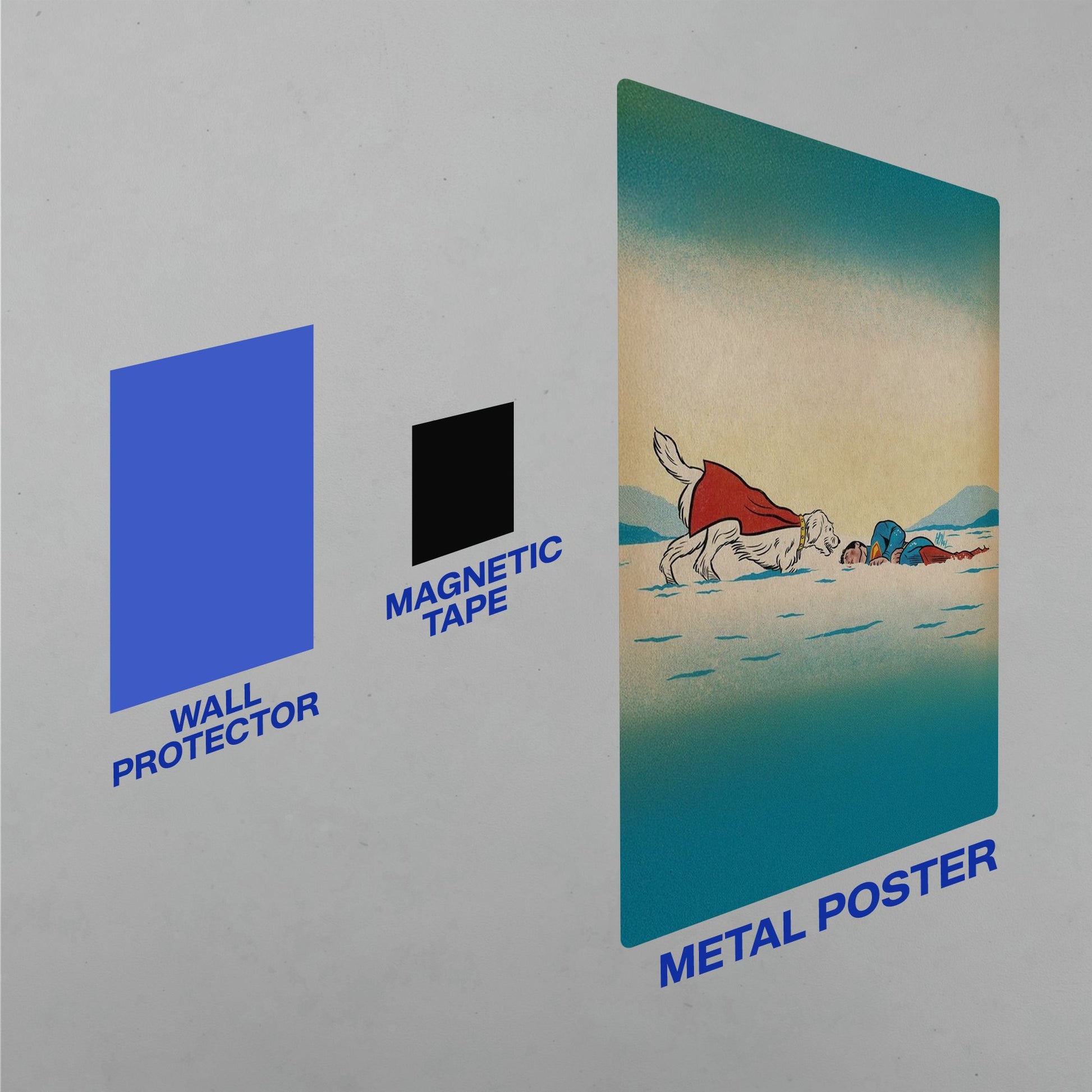 Installation guide for a Superman metal poster showing the wall protector, magnetic tape, and poster mounting components.