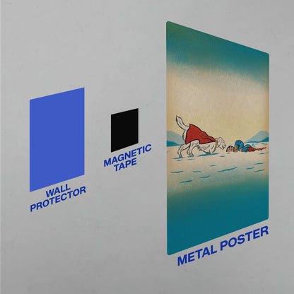Installation guide for a Superman metal poster showing the wall protector, magnetic tape, and poster mounting components.