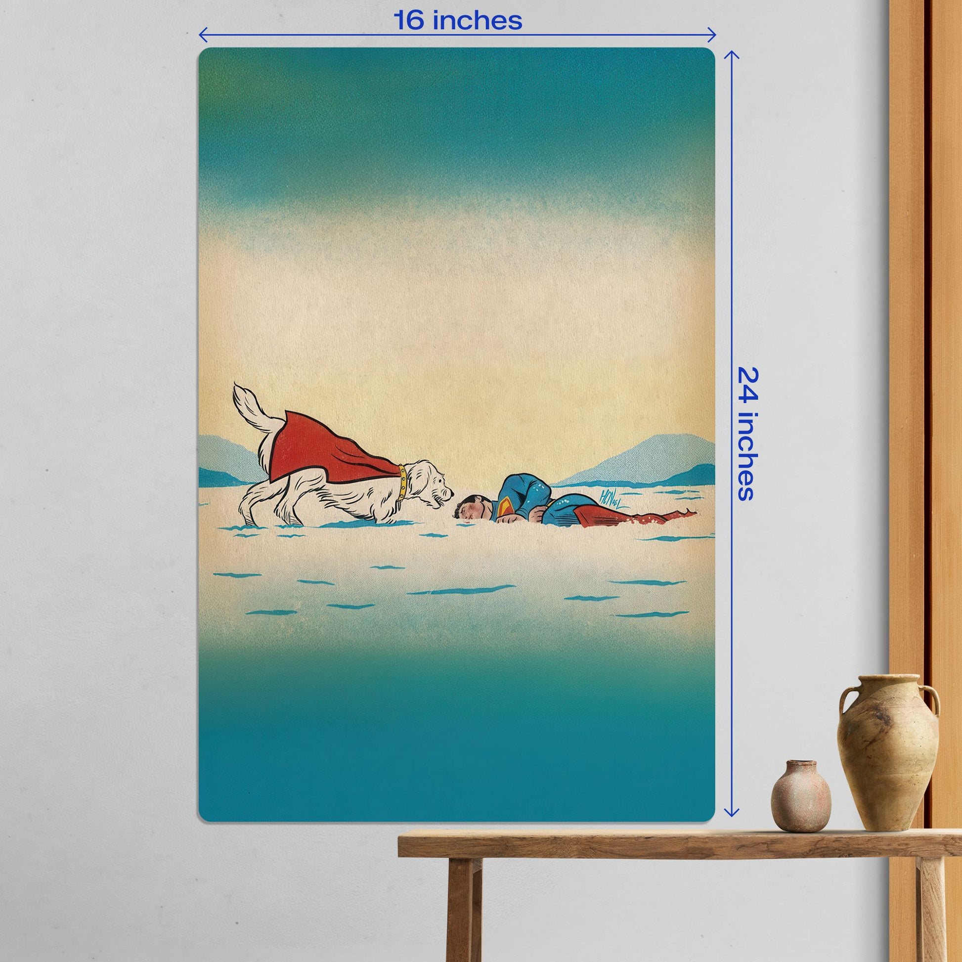 Large size Superman and Krypto DC Comics metal poster measuring 16 inches by 24 inches displayed on a wall.