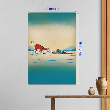 Medium size Superman and Krypto DC Comics metal poster measuring 12 inches by 18 inches displayed on a wall.