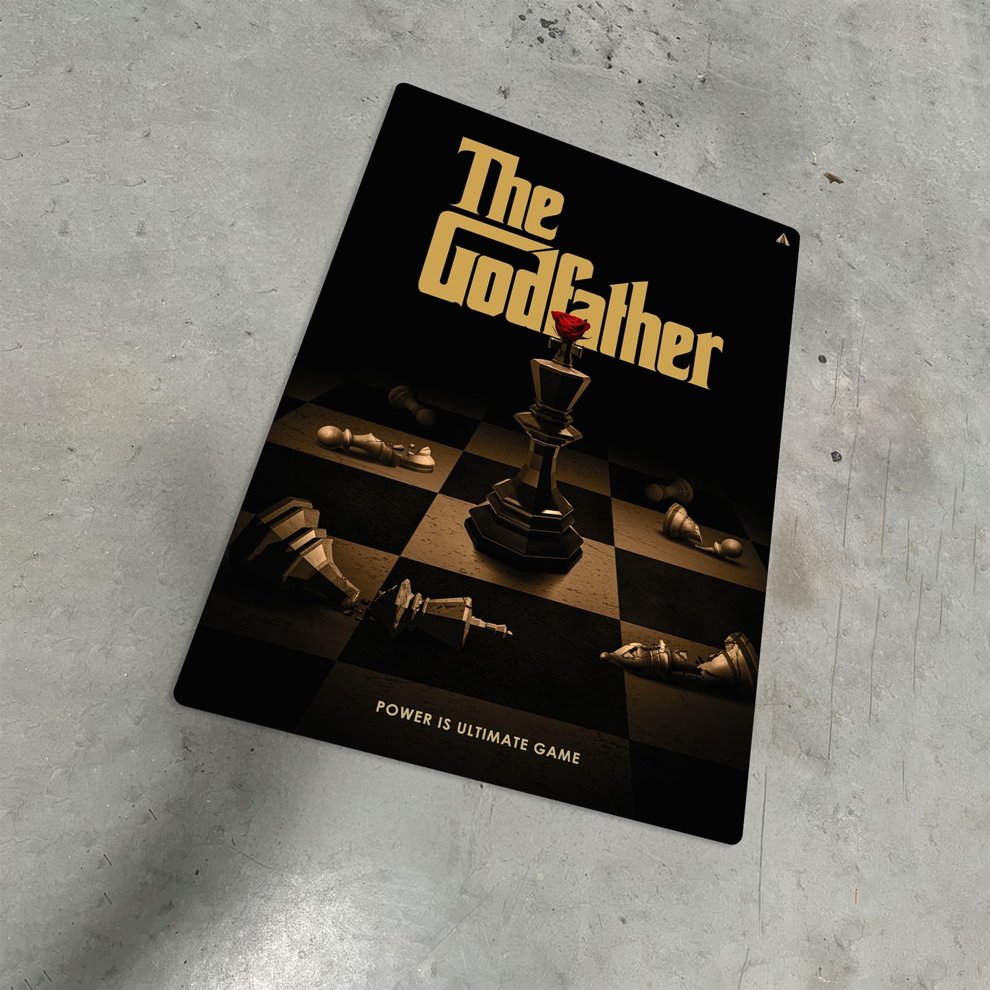The Godfather movie metal poster featuring a king chess piece with a red rose on a checkered board background.