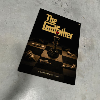 The Godfather movie metal poster featuring a king chess piece with a red rose on a checkered board background.