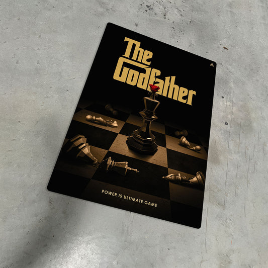 The Godfather movie metal poster featuring a king chess piece with a red rose on a checkered board background.