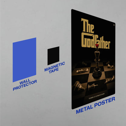 Product diagram of The Godfather metal poster including magnetic tape and wall protector for easy mounting.