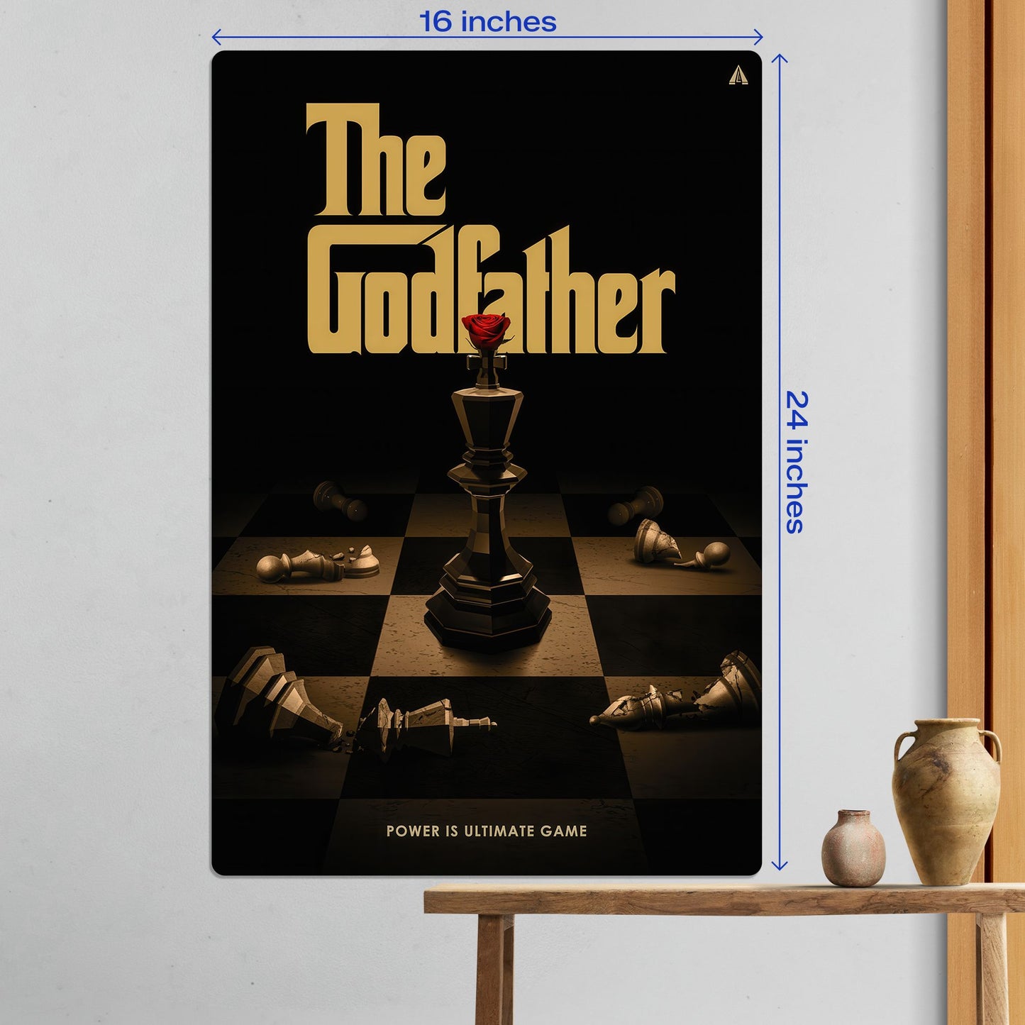 Large 16x24 inch size guide for The Godfather movie metal poster shown hanging in a modern home office setting.