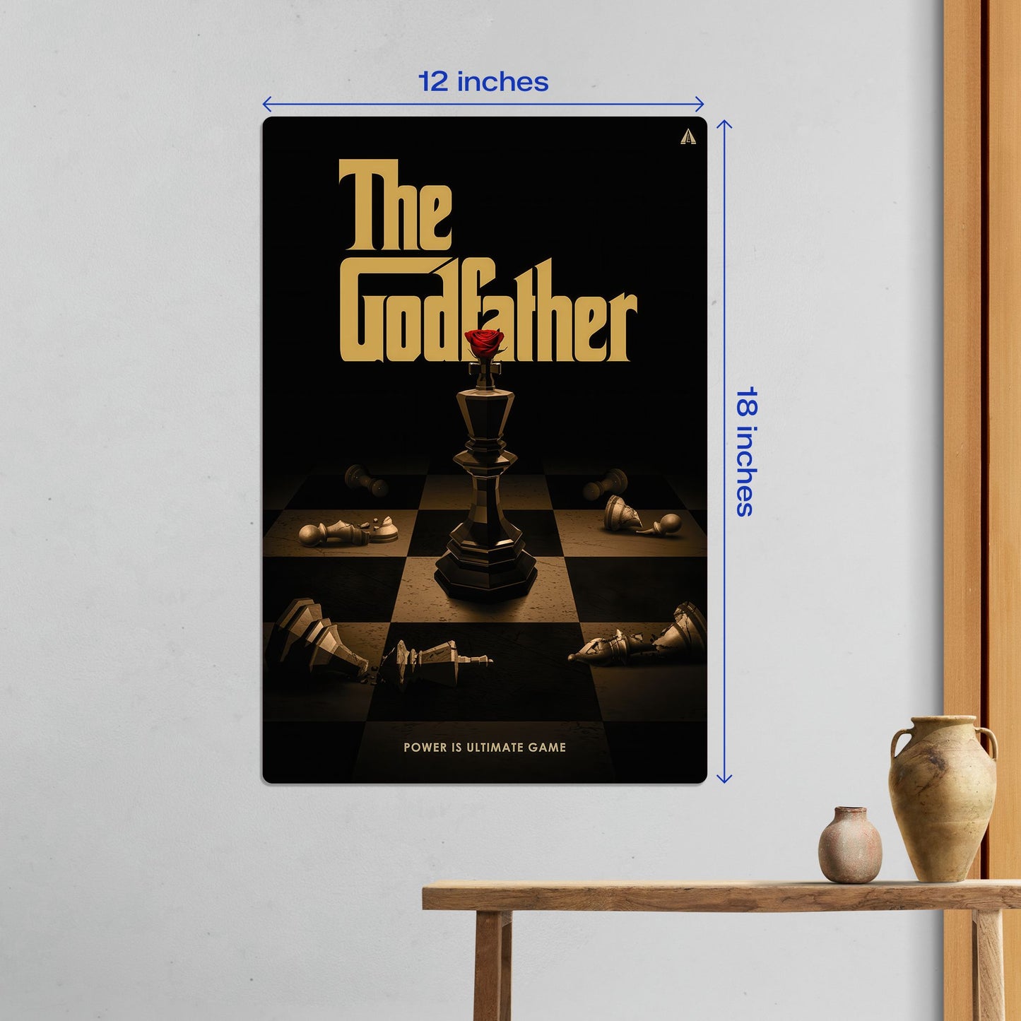 Medium 12x18 inch size guide for The Godfather movie metal poster showcasing dimensions for home theater decor.